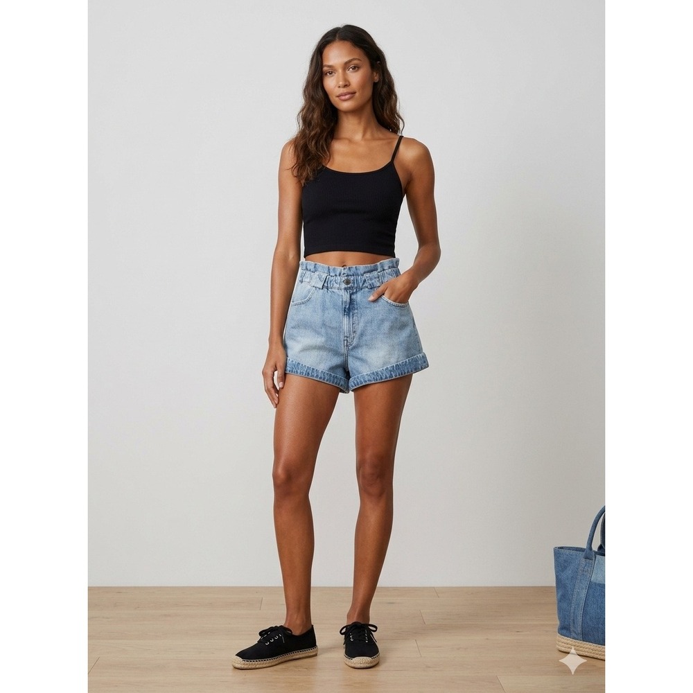 Pistola Womens Paperbag High Rise Denim Shorts Light Wash Blue Size S